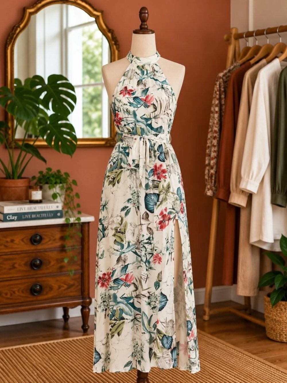 Cream Halter Maxi Dress with Green & Coral Floral